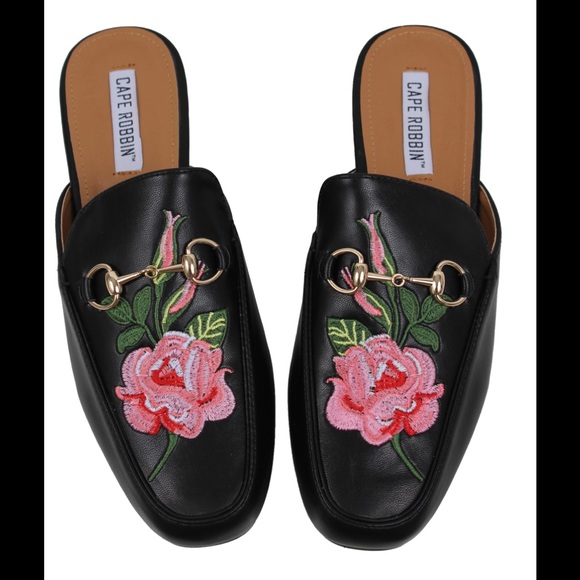 Shoes - Black  Floral Embroidered Slip on Mules